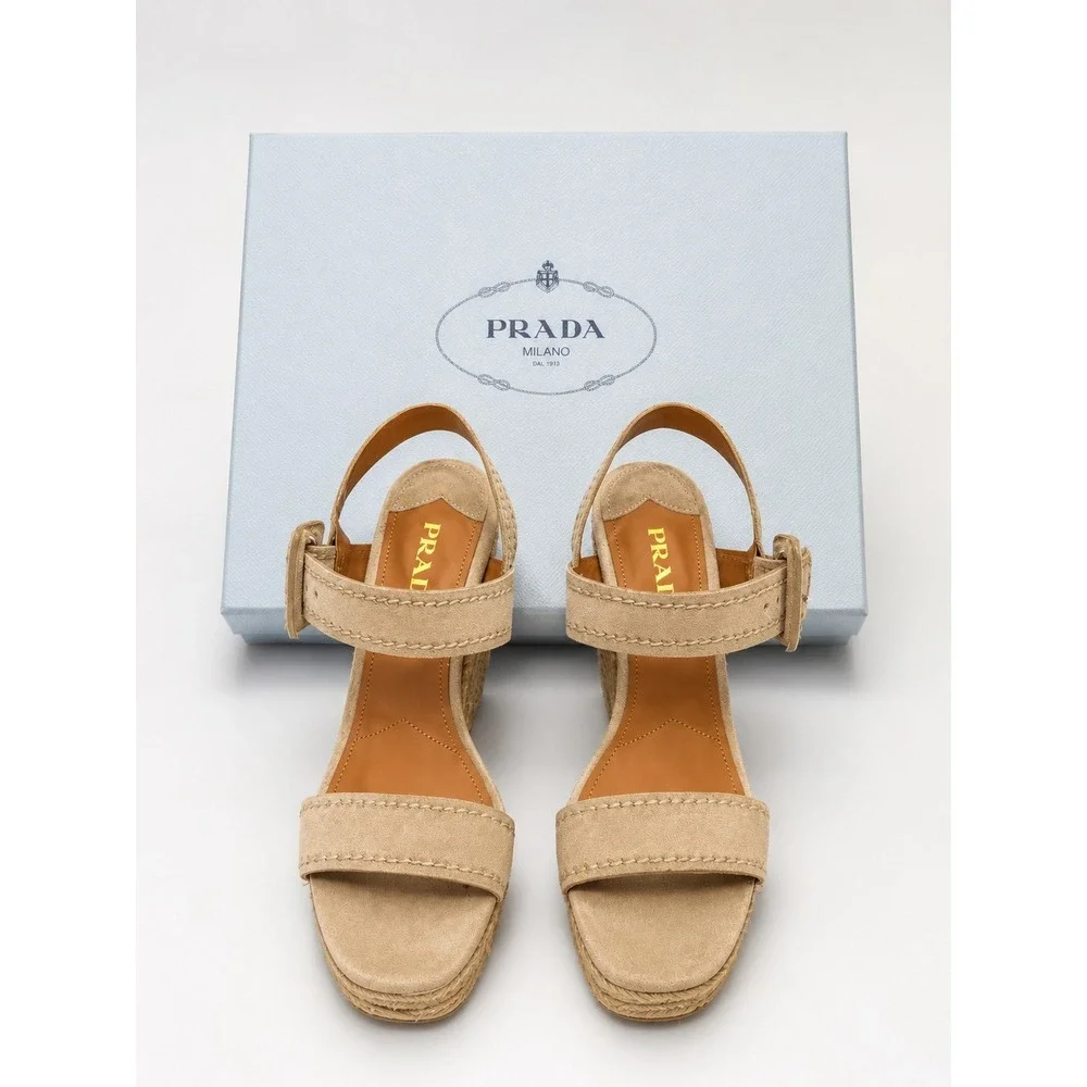 Prada Beige Suede Espadrille Wedge Sandals Ankle Strap Women's Size 37.5 (7.5)